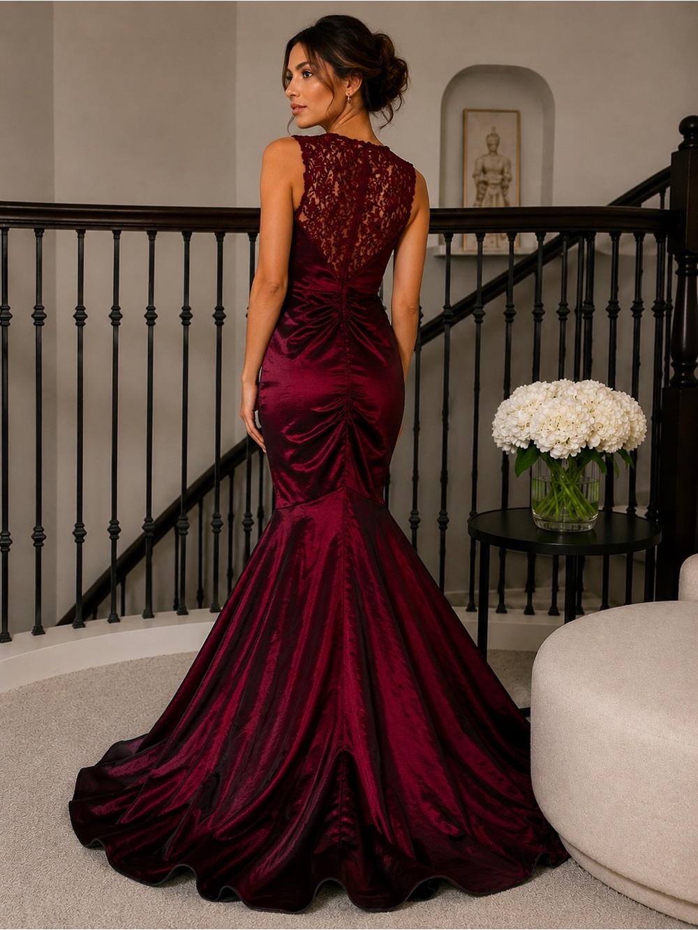 Xscape Burgundy Lace-Accented Mermaid Maxi Dress - Picture 2 of 4